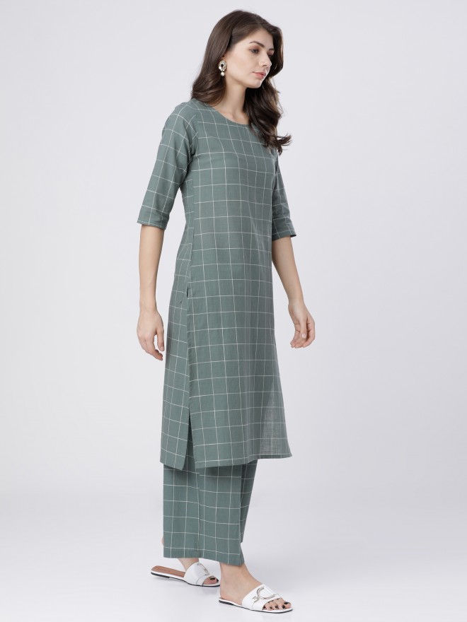 Vishudh Women Green Checked Kurta Sets 